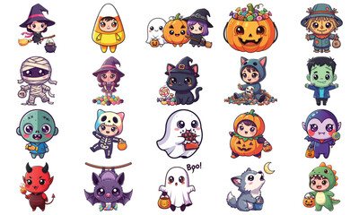 Cute Halloween characters in kawaii style, colorful illustration, festive design