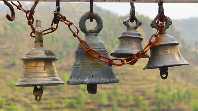 Sacred Temple Bells at Vaishnav Group of Temples in Deval, Pauri, Uttarakhand, India.