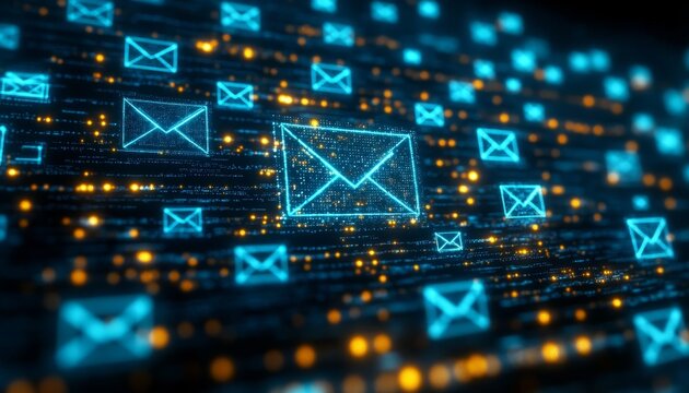 Futuristic digital envelopes in cyber space, symbolizing advanced data transfer and security.