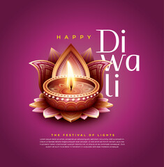Happy Diwali festival with oil lamp, Rangoli decoration with Diya, Diwali holiday Background with rangoli, Diwali celebration greeting card,vector.