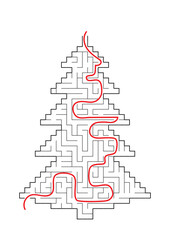 Complex maze puzzle game. Christmath tree as a labyrinth No.2 with way. Puzzle for Christmas or New Year holiday. EPS 10, vector illustration