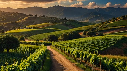 Fototapeta premium Lush Vineyards and Rolling Hills Under a Dramatic Countryside Sky V7