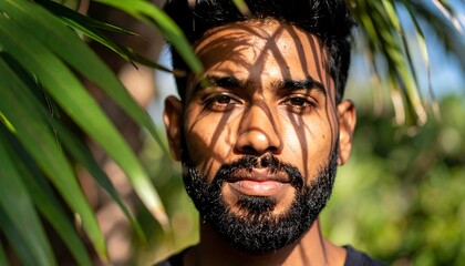 Close-up portrait of a man, partially obscured by palm fronds, in bright sunlight