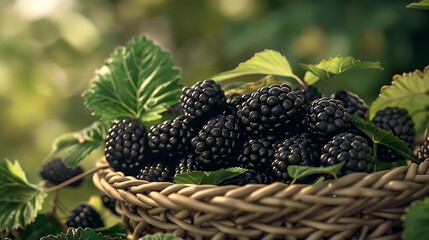 A collection of vibrant blackberries arranged in a woven basket with their glossy black skin and plump texture set against a backdrop of green foliage