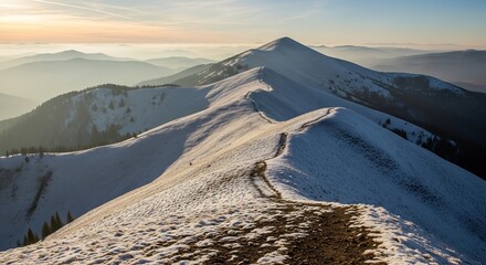 Snow-covered mountain ridge at sunset, hikers traversing a winding path, offering panoramic valley views.