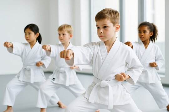 Focused children practicing martial arts in white uniforms performing synchronized punches in bright dojo environment during sport training session. Ai generative