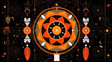 Intricate design with circles, arrows, and feathers.