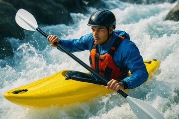 Focused man kayaking through rough whitewater rapids in bright yellow kayak wearing safety gear under natural light. Outdoor adventure sport.. Ai generative