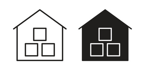 Warehouse icon set, line and black glyph style for food app website.