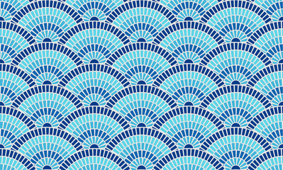 Greek pattern mosaic tile seamless sea texture blue background Rome vector design. Ancient Mediterranean marble floor ornament architecture illustration. Circular wave border decor interior art.