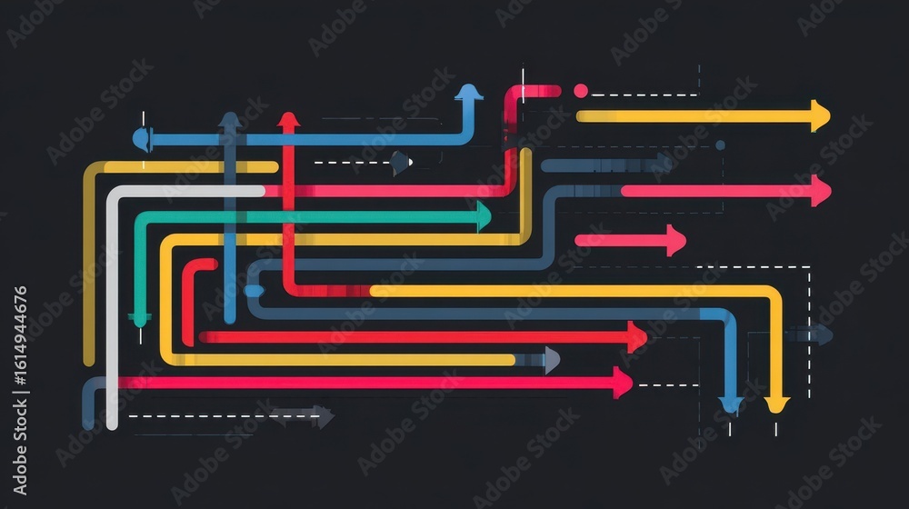 Poster abstract graphic design with interconnected colorful arrows.