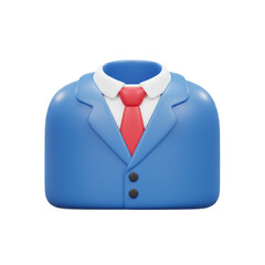 A stylized blue business suit with a crisp white shirt and a vibrant red tie represents professional attire.