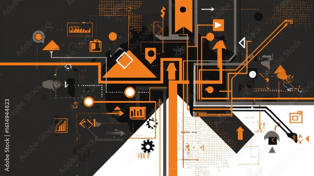 Poster abstract design with interconnected shapes and symbols.