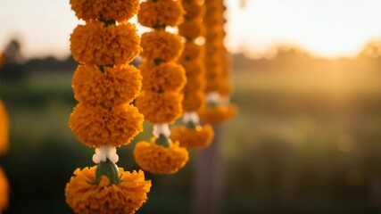 Hanging Orange Marigold Flower Garlands with Warm Sunset Light Background - Powered by Adobe