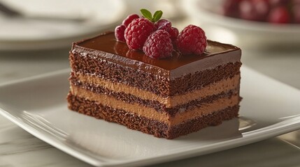 A chocolate layer cake piece with raspberries and mint on a square plate. Use this image for blogs or recipes, promoting bakery, or desserts.