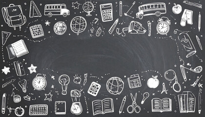 Chalkboard with School Supplies: Backpack, Bus, Globe, Calculator, Clock, Apple, Book, Pencil