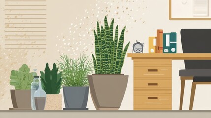 Office workspace with potted plants and supplies.