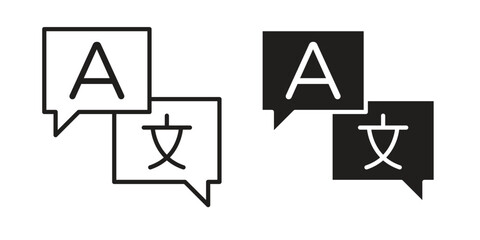 Translator icon set, line and black glyph style for food app website.