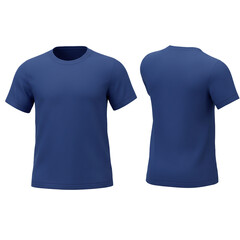 A realistic rendering showcases a navy blue crew neck t-shirt with short sleeves presented in front and back views.
