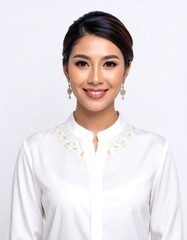 Close-up portrait of a smiling young woman with dark hair styled up, wearing a white collared blouse with delicate embroidery