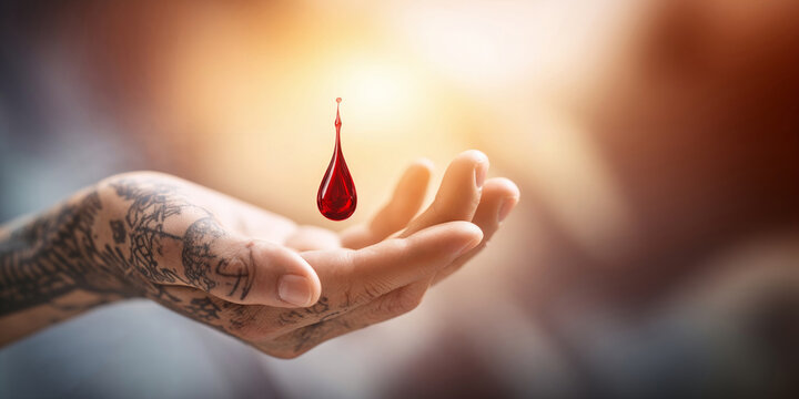Drop of blood resting on open hand, symbol of donation and care
