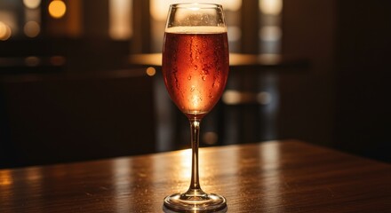 Elegant Champagne Glass with Condensation, Warm Lighting, Bokeh Background.