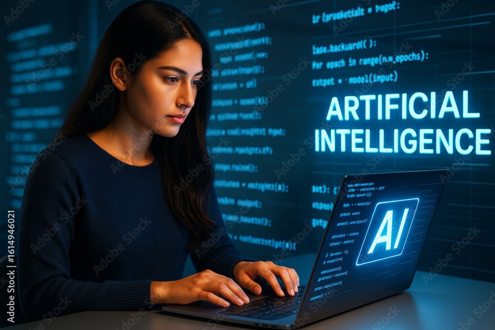 Poster focused woman working on ai project using laptop with glowing interface, surrounded by futuristic di