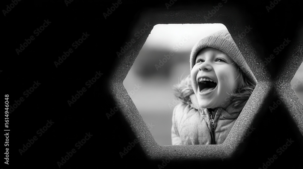Poster joyful child peering through patterned structure.