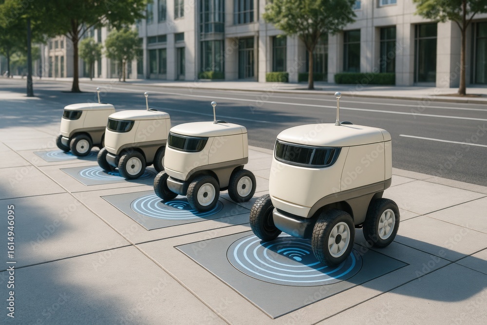 Poster futuristic autonomous delivery robots charging on smart pads in urban environment with modern buildi