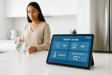 Smart home control panel on tablet with blurred woman in kitchen on bright background, showing modern technology in daily life concept. Ai generative