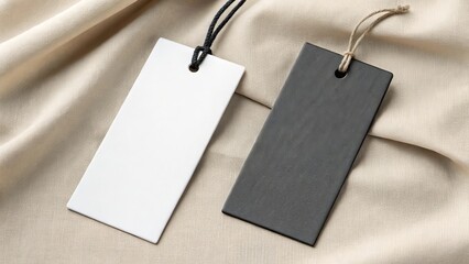 Two blank rectangular paper tags with strings on a textured fabric background