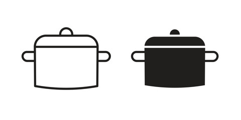 Stew pot icon set, line and black glyph style for food app website.