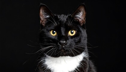 Close-up portrait of a tuxedo cat against a black background