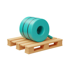 A stylized teal roll of material rests upon a wooden pallet suggesting industrial storage and logistics ready for transport.
