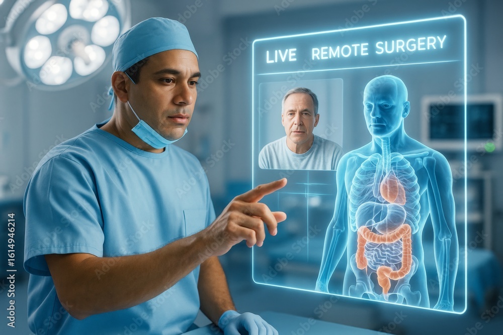 Poster surgeon interacting with futuristic holographic interface during live remote surgery in high-tech op