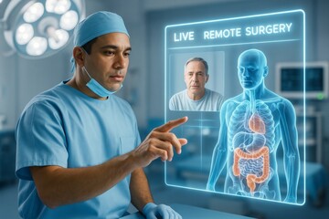 Surgeon interacting with futuristic holographic interface during live remote surgery in high-tech operating room environment. Ai generative