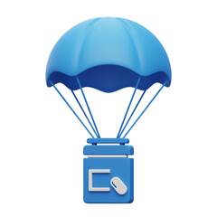 A stylized illustration depicts a parachute descending with a digital device representing delivery or data transfer in a modern design.