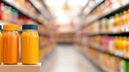 Fototapeta premium Fresh juices in bottles on a supermarket shelf