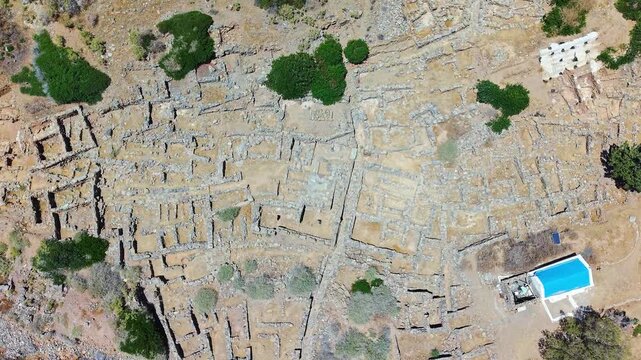 Top down aerial view of the ancient Minoan ruins at Mochlos, Crete, Greece.