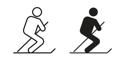 Skii icon set, line and black glyph style for food app website.