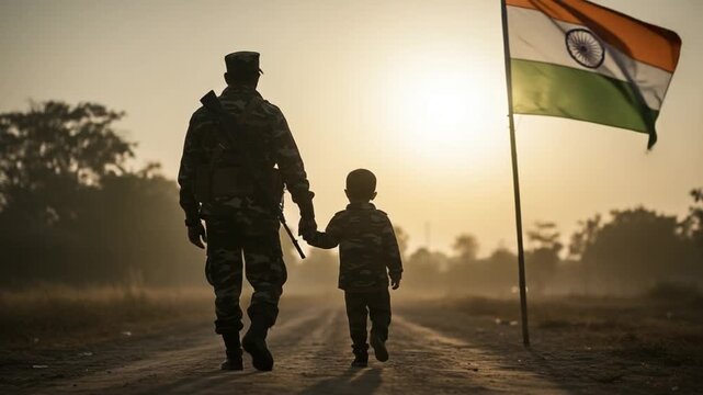 Soldier and Child Walking Holding Hands on Road near Flag