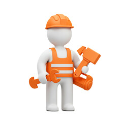 A construction worker figure stands ready holding tools representing the concept of building and repair with an orange safety vest.