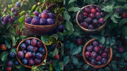 A group of ripe plums arranged in a wooden bowl with their deep purple skins and hints of red set against a backdrop of green leaves and branches