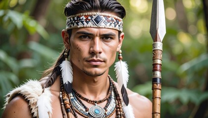 Close-up portrait of a young man in indigenous attire, holding a spear, set against a blurred jungle backdrop