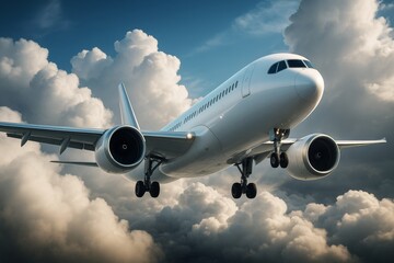 Commercial airplane flying through dramatic clouds with soft light and dynamic perspective in a creative transport concept background scene. Ai generative