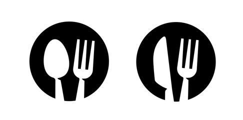Fork and spoon, knife emblem. Dining utensils symbol. Restaurant or culinary concept