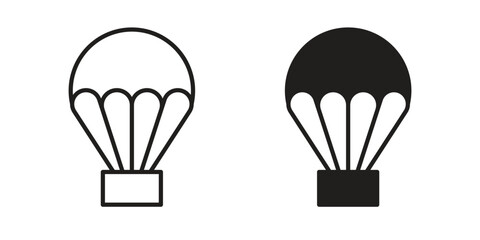 Parachute icon set, line and black glyph style for food app website.