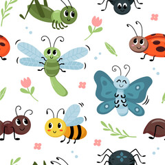 Cute insects seamless pattern. Dragonfly, bee, butterfly, ladybug, ant, grasshopper, spider, caterpillar and snail. Cute bugs characters. Happy insects in kids style. Vector background.