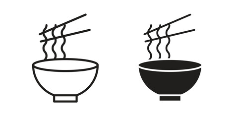 Noodles icon set, line and black glyph style for food app website.