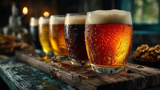 A lineup of different types of beer in glasses, showcasing a variety of colors and styles. The image captures the richness and diversity of craft beers.